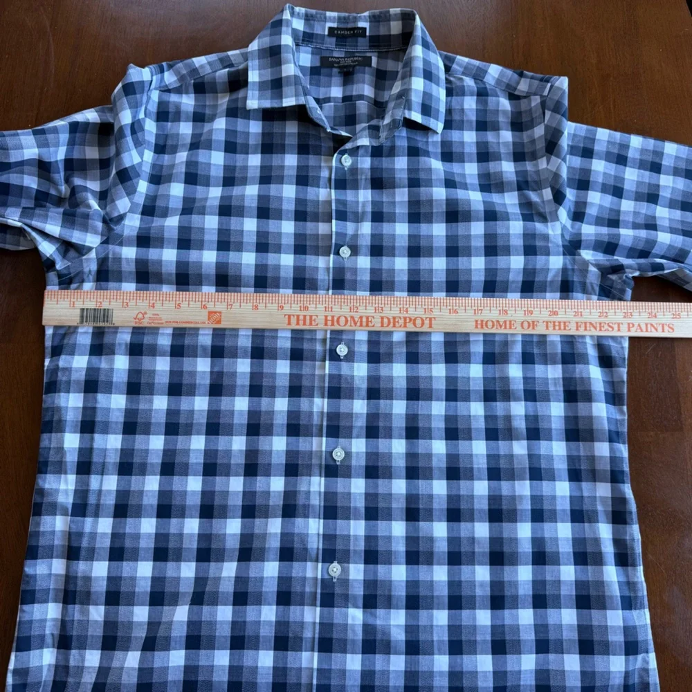 Banana Republic Men's Navy White Checkered Plaid Button-Up Shirt Stretch Large